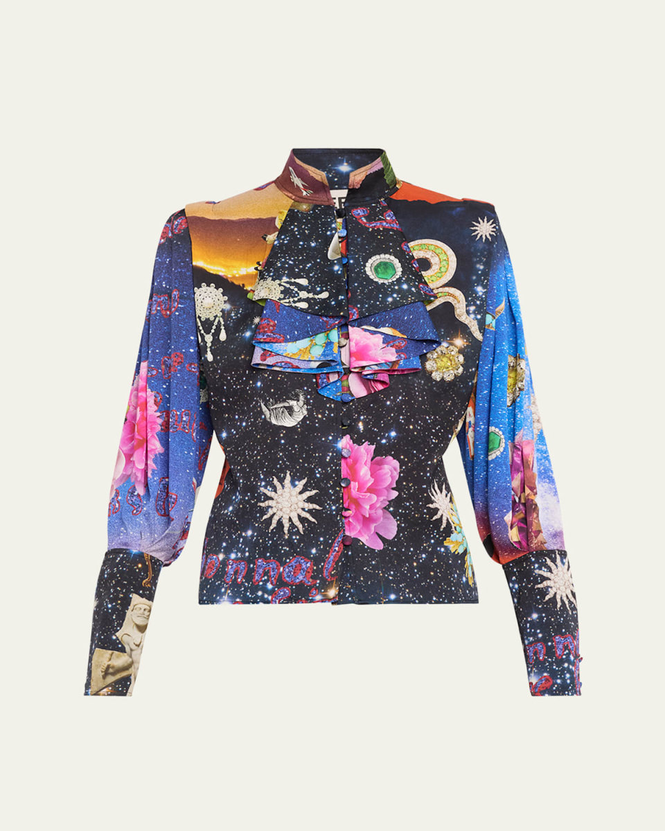 Starry Night Printed Ruffle Bishop Sleeve Top